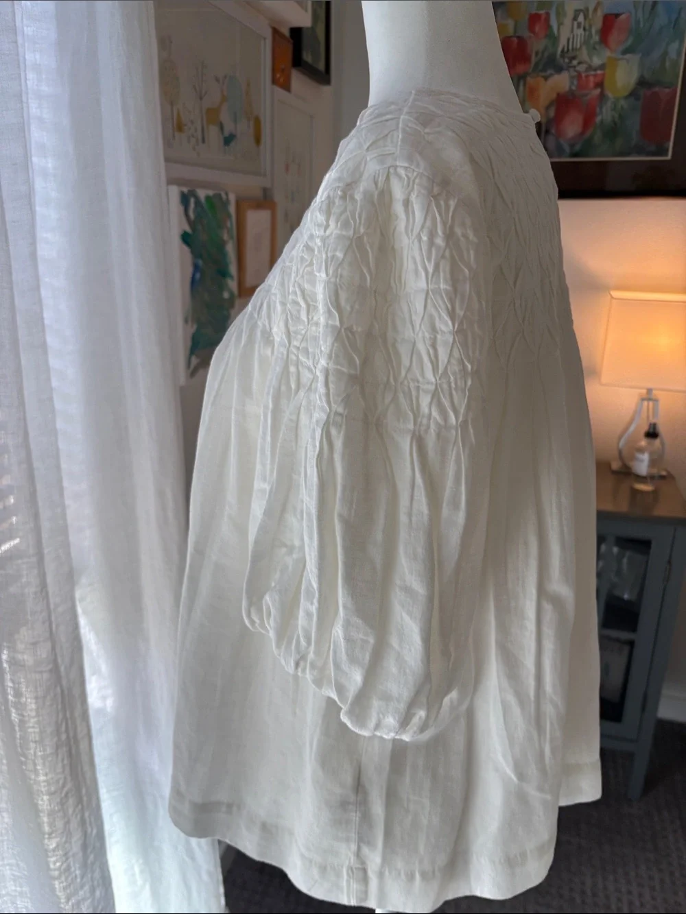 Anthropologie Cream Linen Smocked Yoke Puff Sleeve Blouse